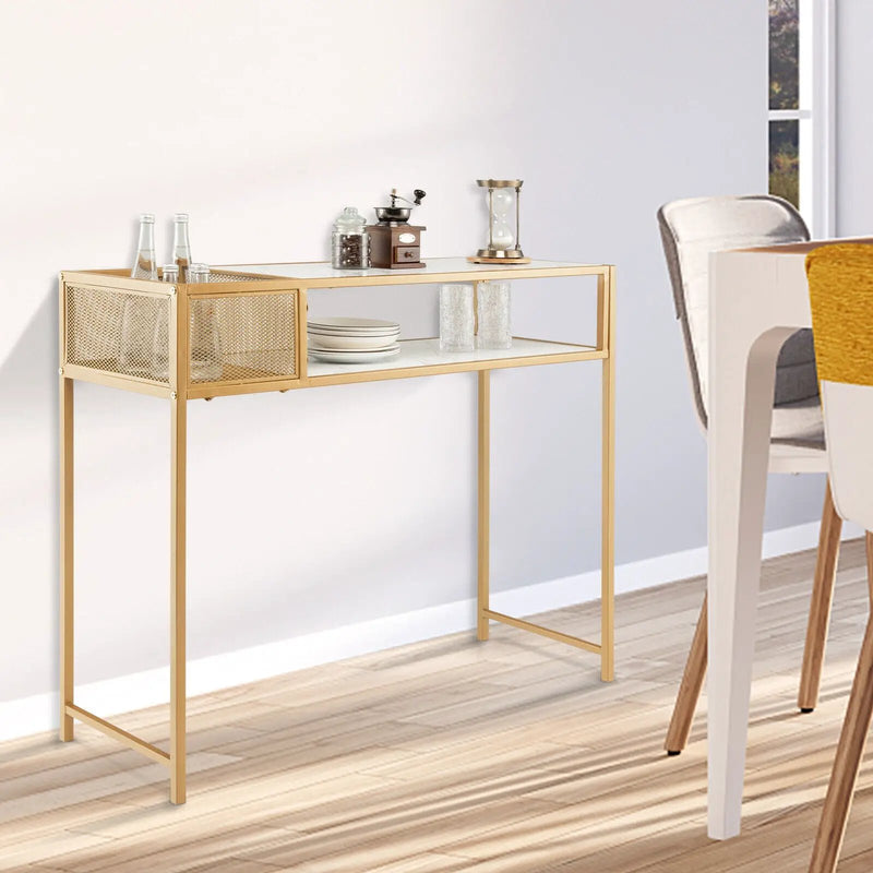 Faux Marble Console Table with Wire Baske for Hallway and Living Room-White by DirectDeals