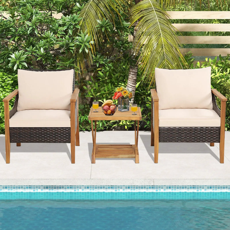 3 Pieces Patio Wicker Furniture Set with 2-Tier Side Table and Cushioned Armchairs-Natural by DirectDeals