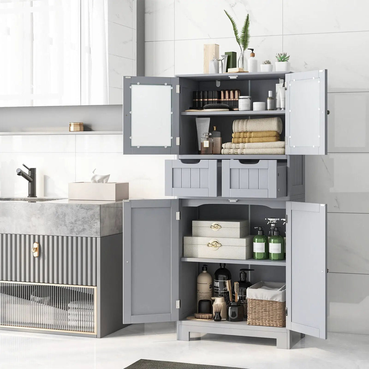 3 Tier Freee-Standing Bathroom Cabinet with 2 Drawers and Glass Doors by DirectDeals