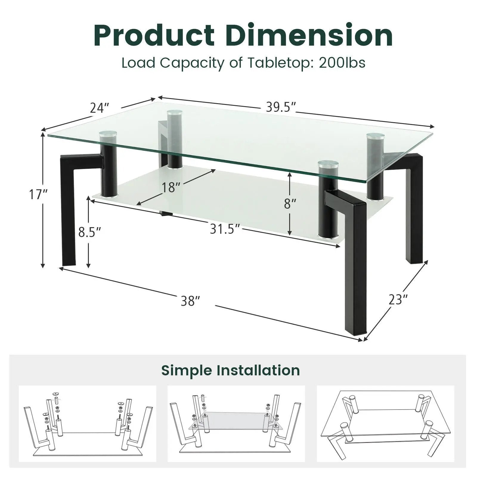2-Tier Rectangular Glass Coffee Table with Metal Tube Legs-Black by DirectDeals