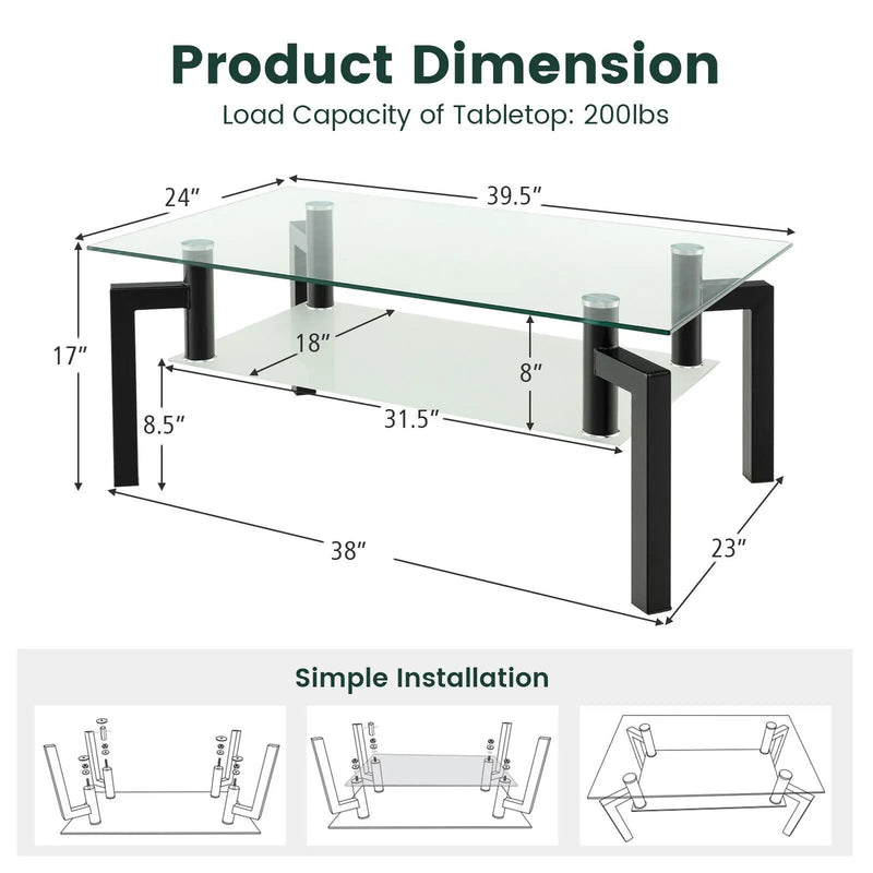 2-Tier Rectangular Glass Coffee Table with Metal Tube Legs-Black by DirectDeals