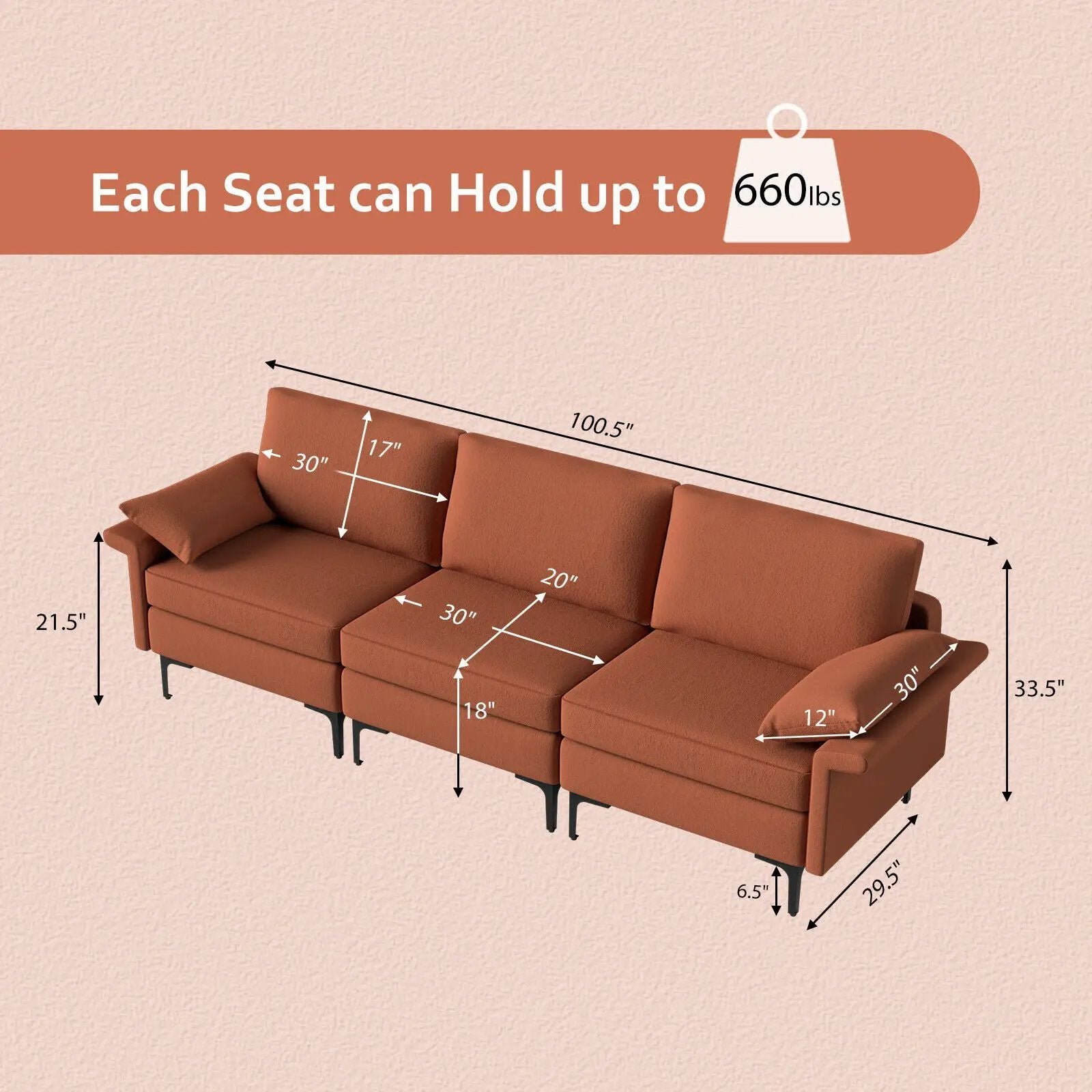 Large 3-Seat Sofa Sectional with Metal Legs for 3-4 people by DirectDeals