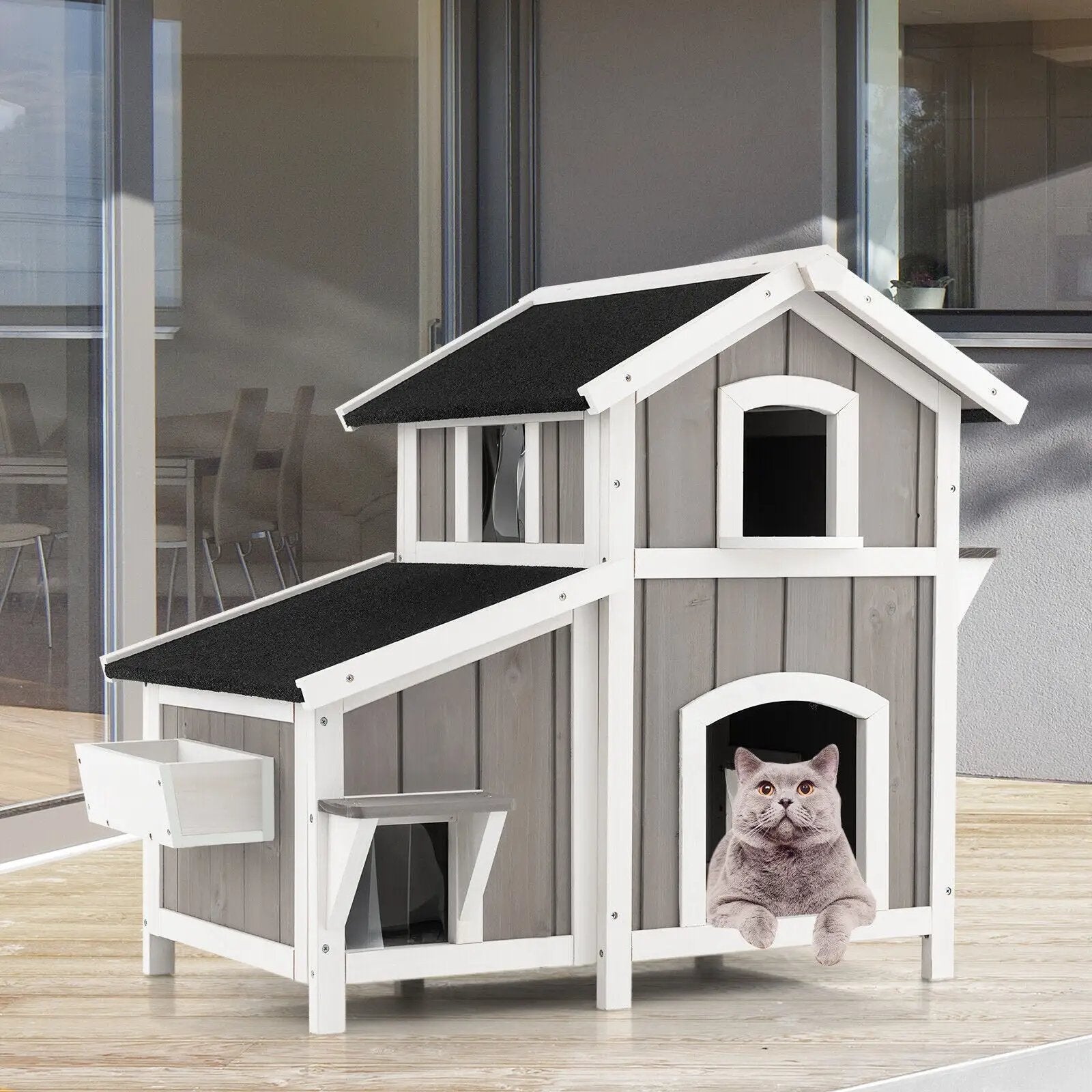 2-Story Outdoor Wooden Feral Cat House with Escape Door-Grey by DirectDeals