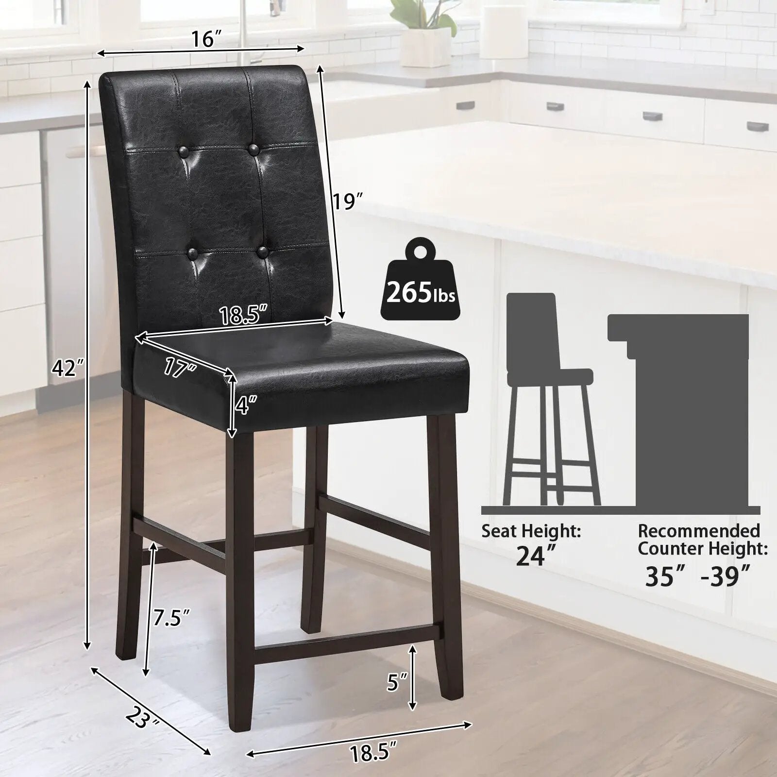 Set of 2 Bar Stools with Rubber Wood Legs and Button-Tufted Back by DirectDeals