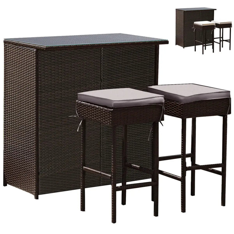3PCS Patio Rattan Wicker Bar Table Stools Dining Set-Turquoise by DirectDeals