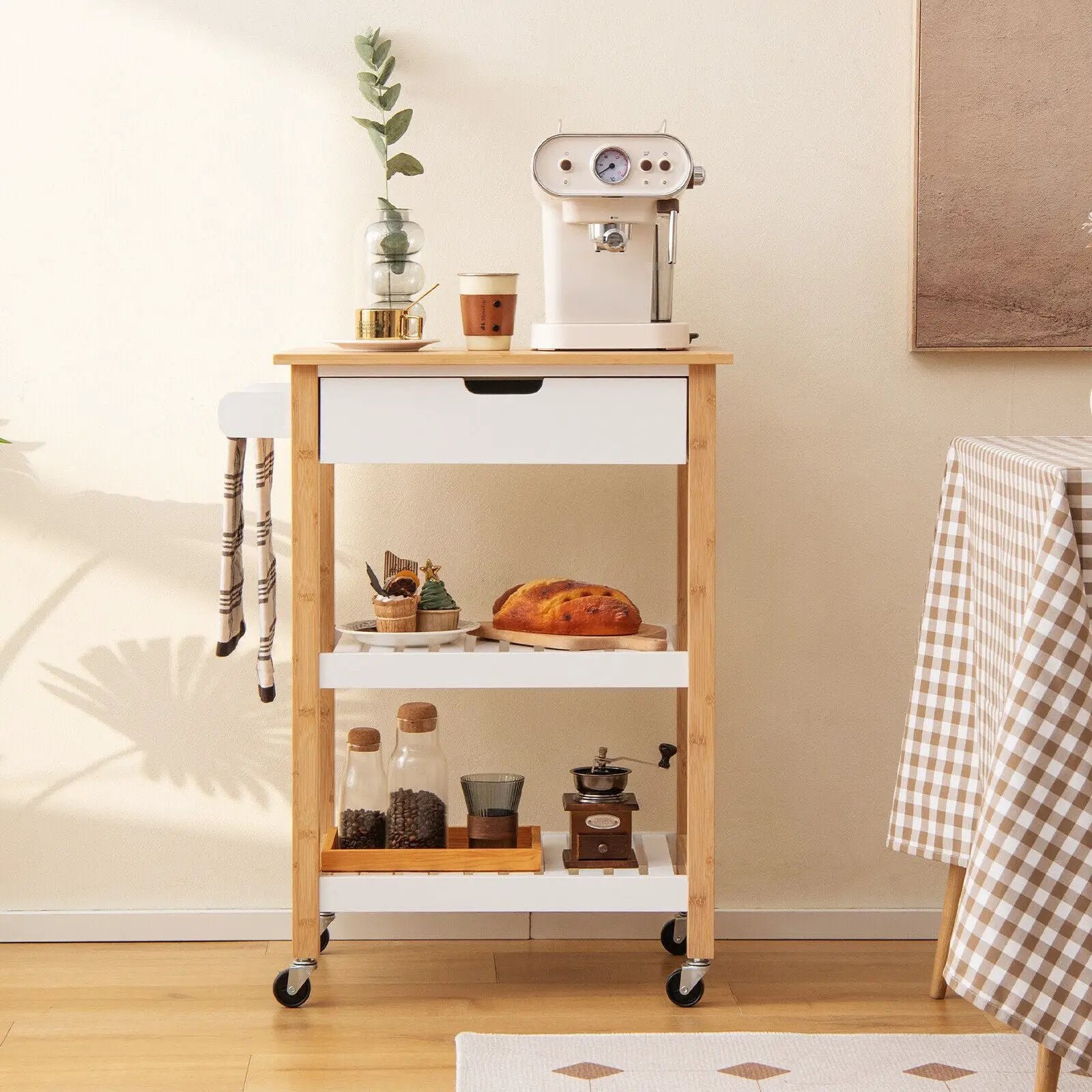 3-Tier Kitchen Island Cart Rolling Service Trolley with Bamboo Top by DirectDeals