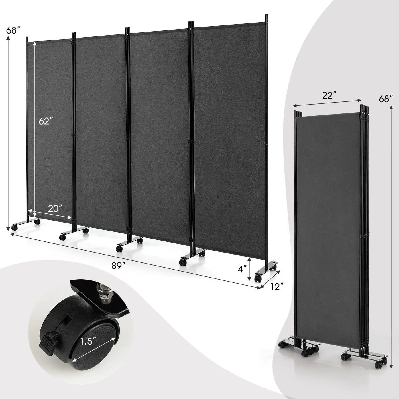4-Panel Folding Room Divider 6 Feet Rolling Privacy Screen with Lockable Wheels by DirectDeals