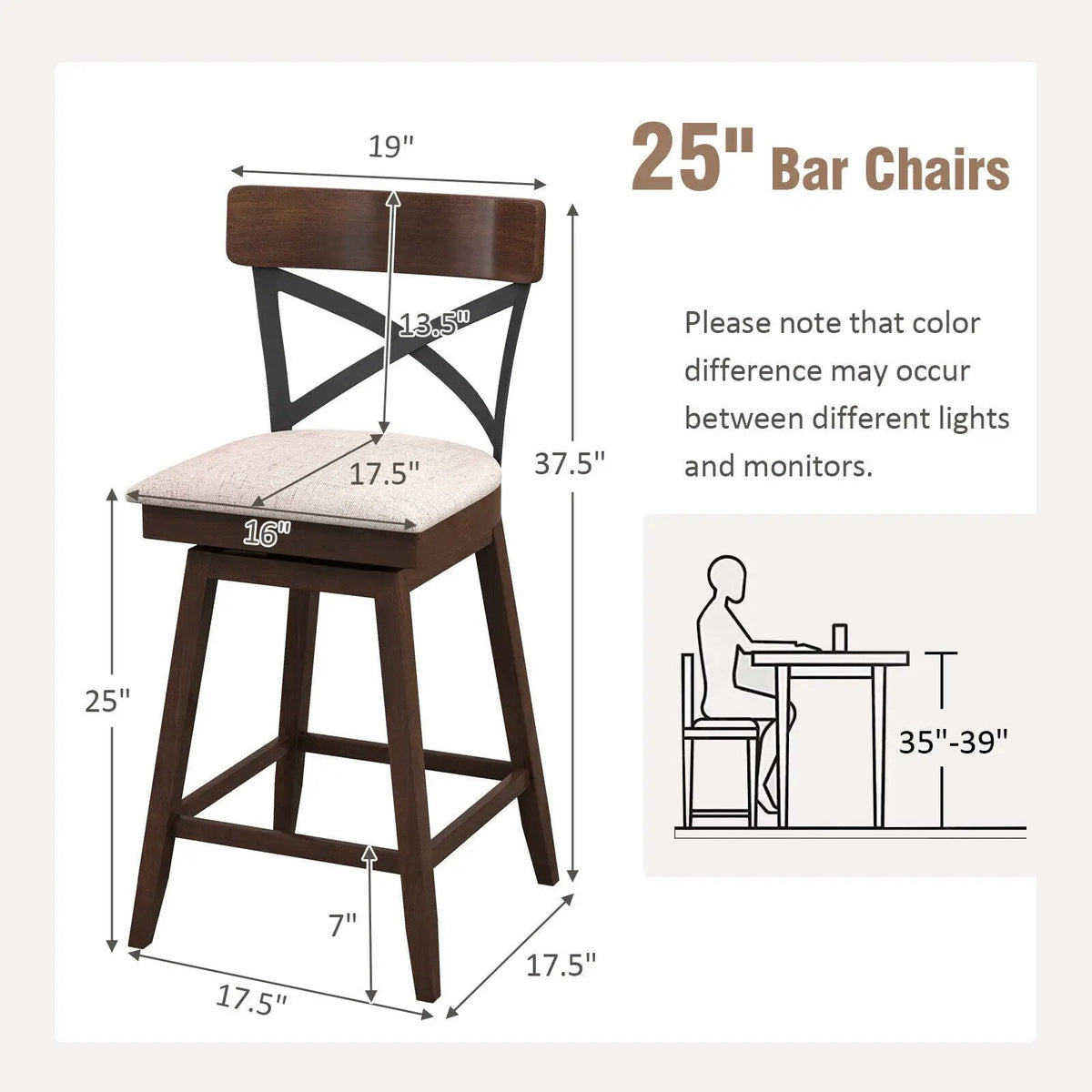 Set of 2 Wooden Swivel Bar Stools with Cushioned Seat and Open X Back by DirectDeals
