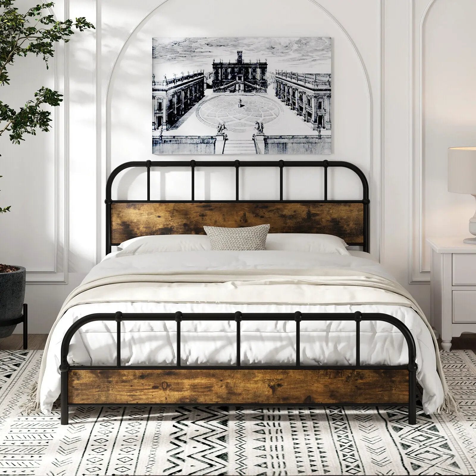 Queen Size Industrial Metal Platform Bed Frame Headboard Mattress Foundation by DirectDeals