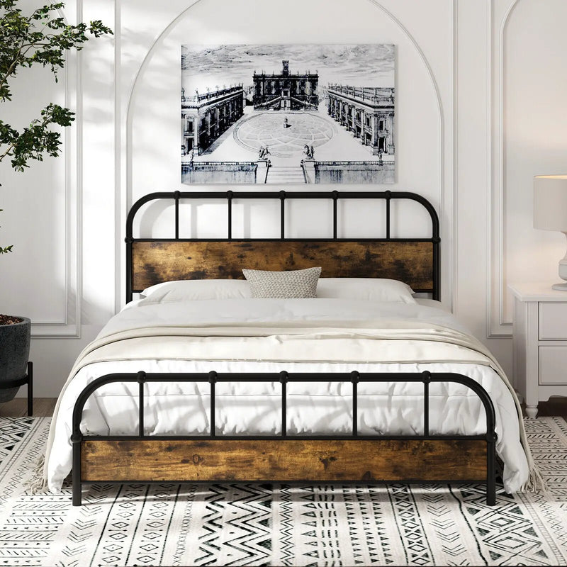Queen Size Industrial Metal Platform Bed Frame Headboard Mattress Foundation by DirectDeals