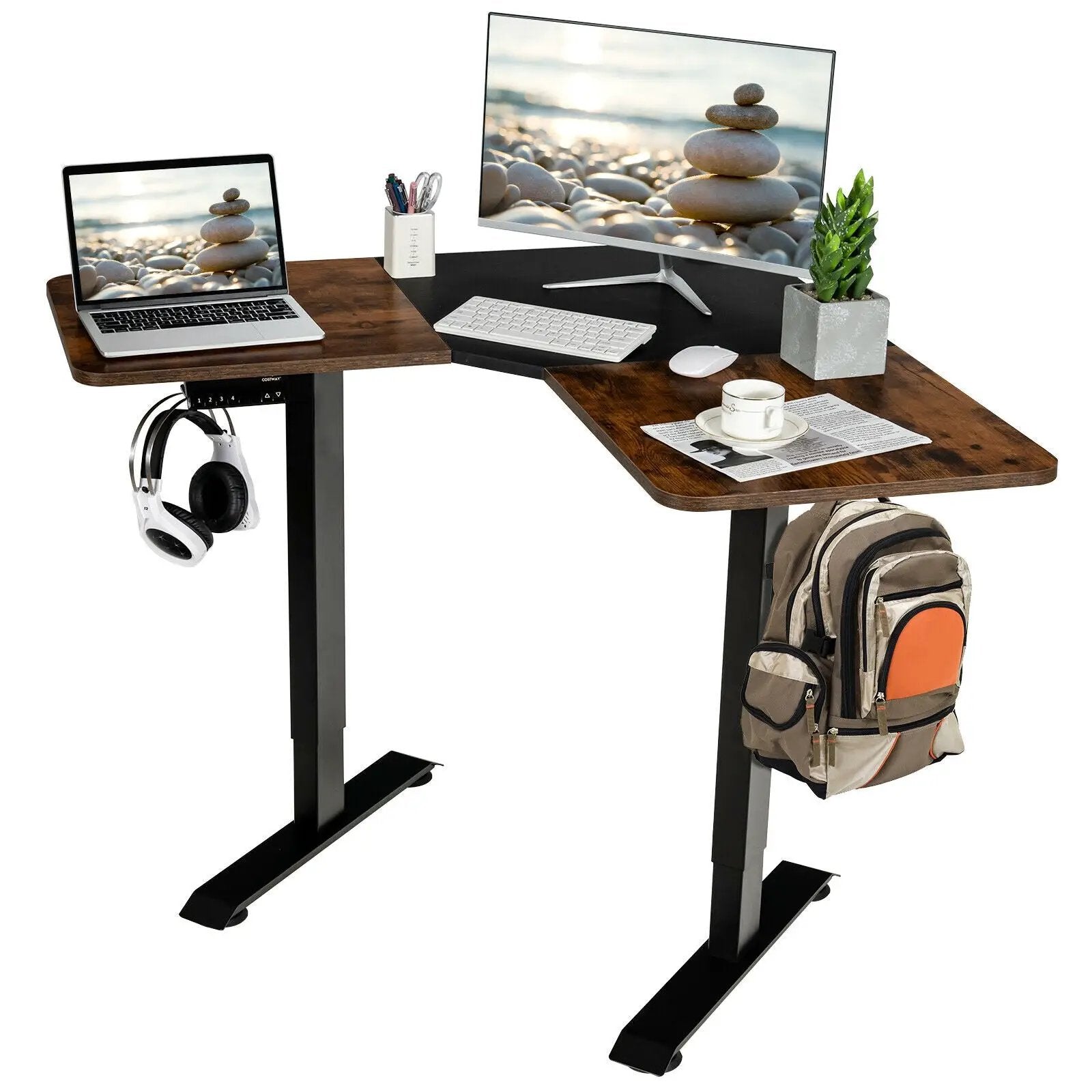 L-shaped Electric Standing Desk with 4 Memory Positions and LCD Display by DirectDeals