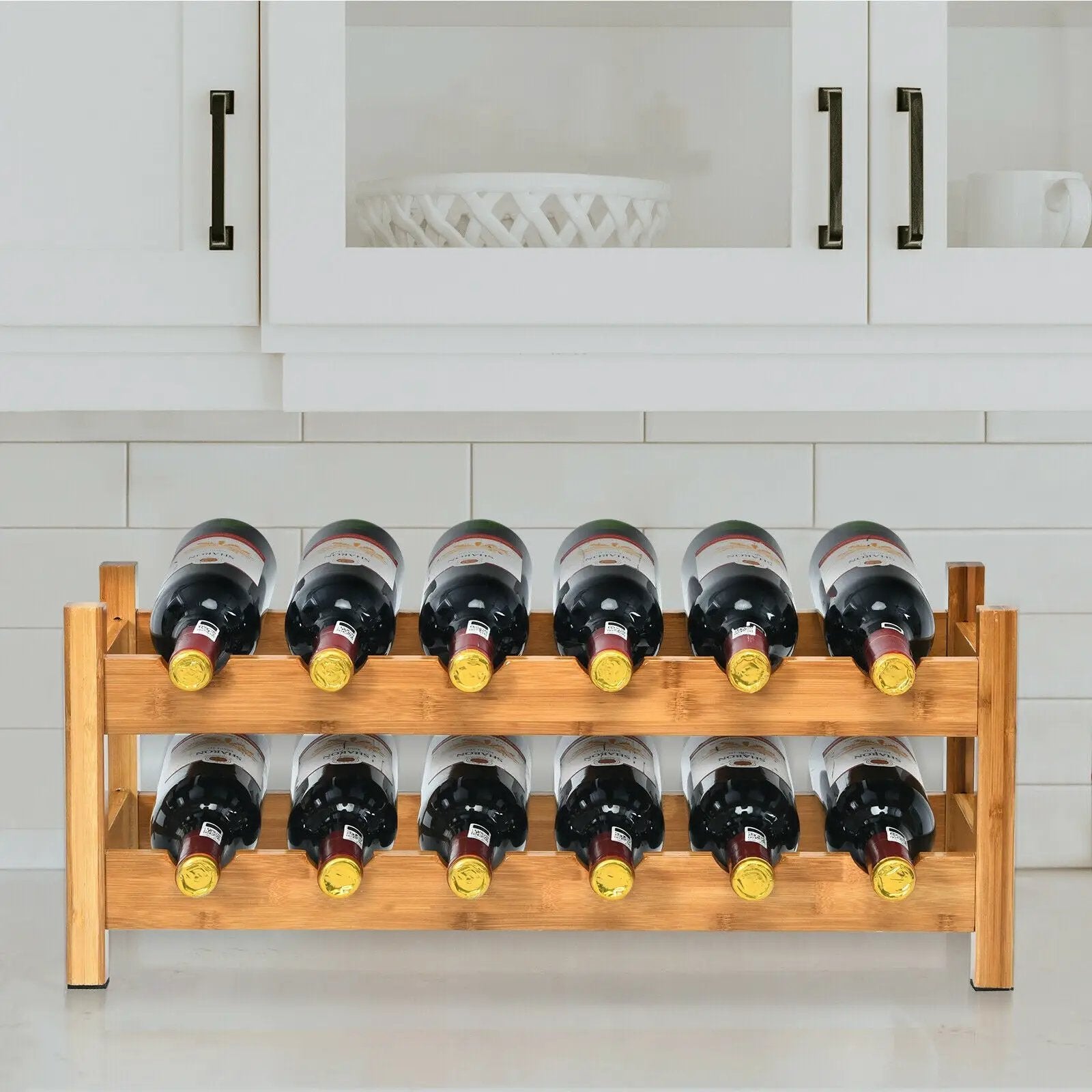 2-Tier 12 Bottles Bamboo Storage Shelf Wine Rack by DirectDeals