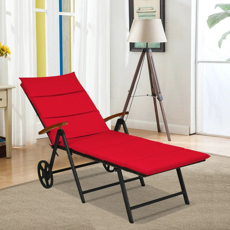 Folding Patio Rattan Lounge Chair with Wheels-Red by DirectDeals