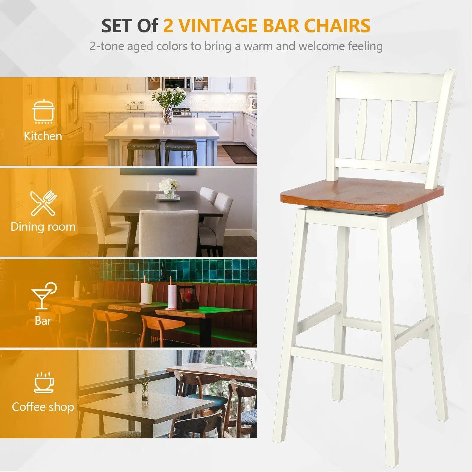 30.5 Inches Set of 2 Swivel Bar Stools with 360¬∞ Swiveling by DirectDeals