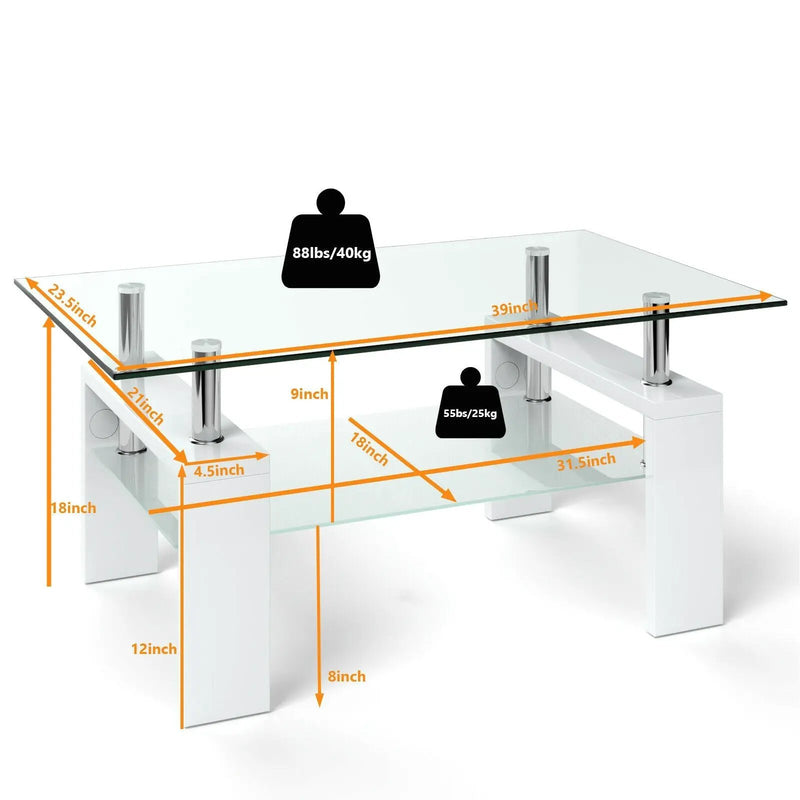 Rectangular Tempered Glass Coffee Table with Shelf by DirectDeals