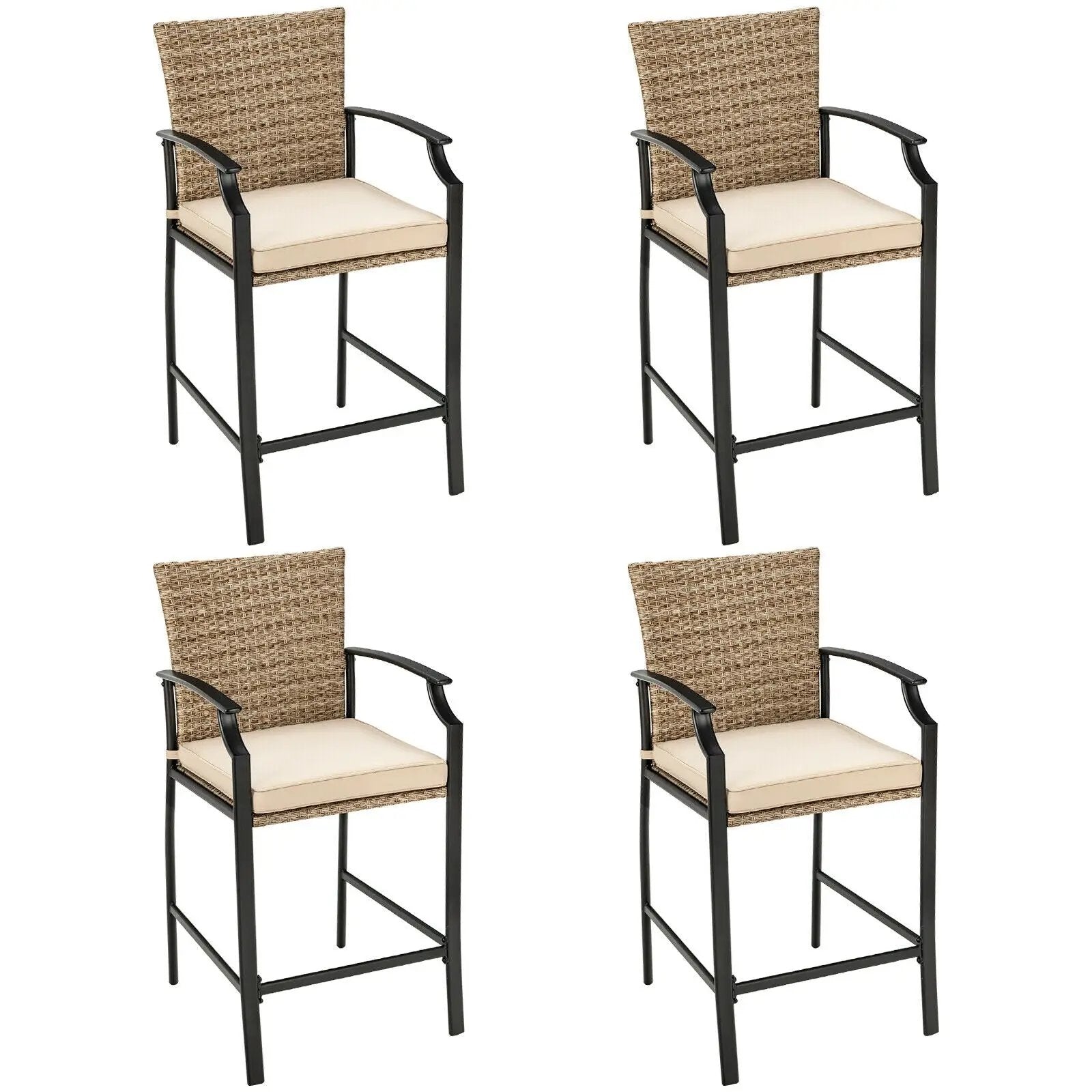 Patio Rattan Bar Stools Set of 4 with Soft Cushions by DirectDeals
