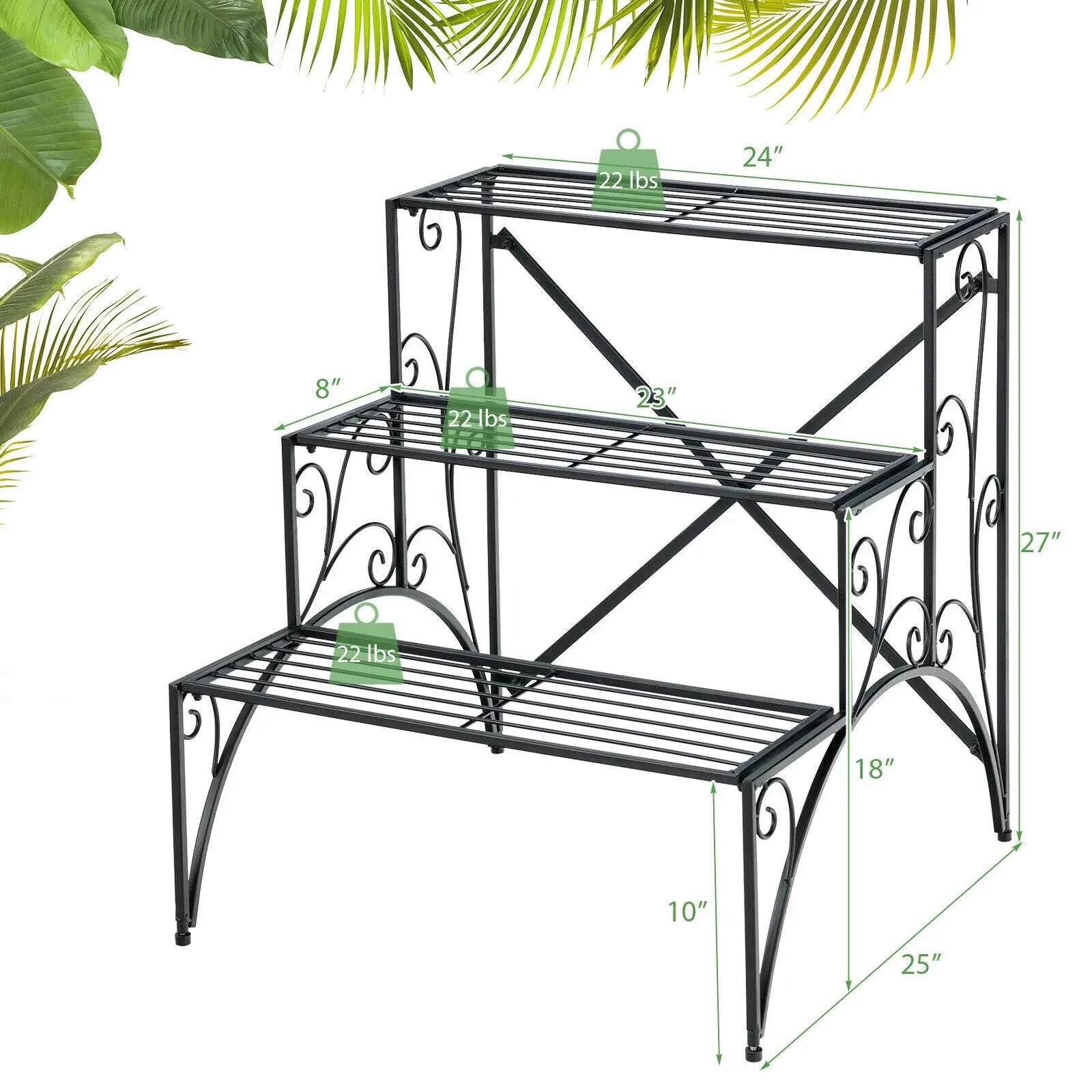 3-Tier Metal Plant Stand with Widened Grid Shelf for Porch Garden-Black by DirectDeals