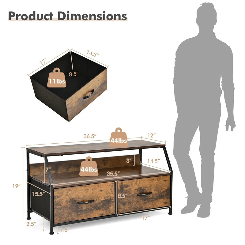 Dresser TV Stand with 2 Folding Fabric Drawers and Open Shelves-Rustic Brown by DirectDeals