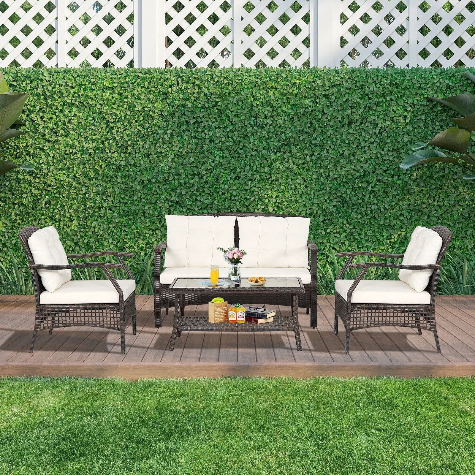 4 Pieces Outdoor Rattan Conversation Set with Protective Cover by DirectDeals