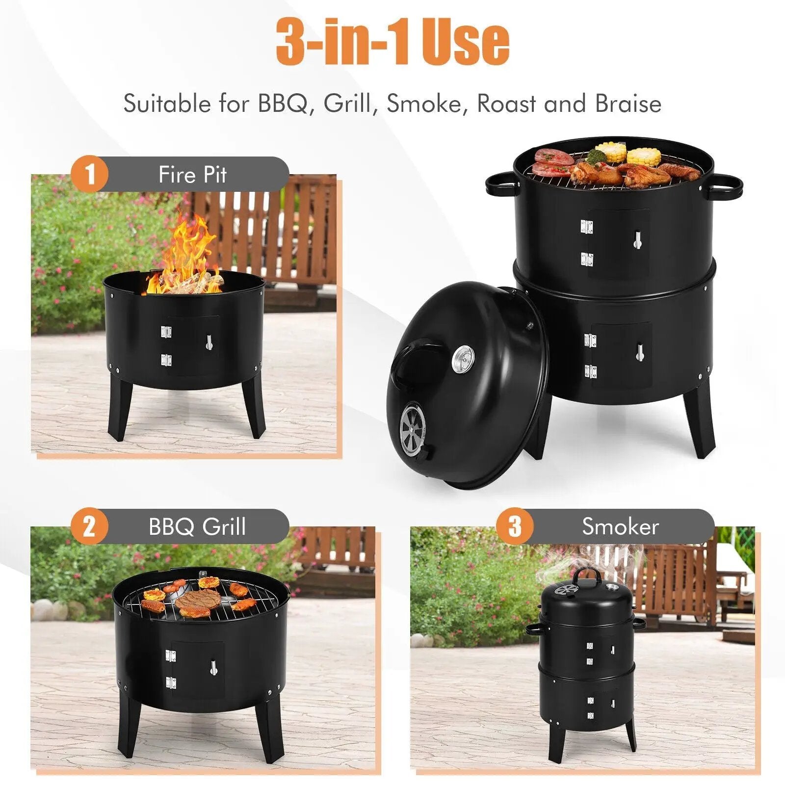 3-in-1 Charcoal BBQ Grill Cambo with Built-in Thermometer by DirectDeals
