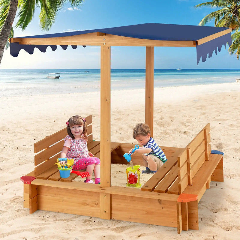 Kids Wooden Sandbox with Canopy and 2 Bench Seats by DirectDeals