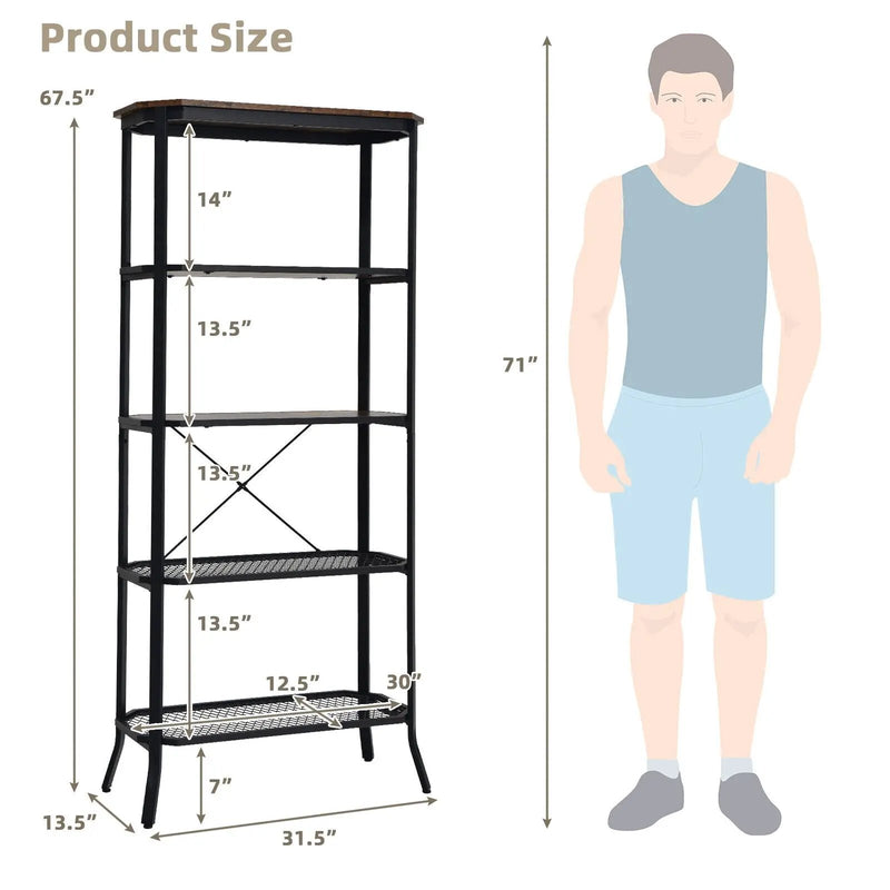 Industrial 5-Layer Bookshelf with Out-Stretched Legs-Rustic Brown by DirectDeals