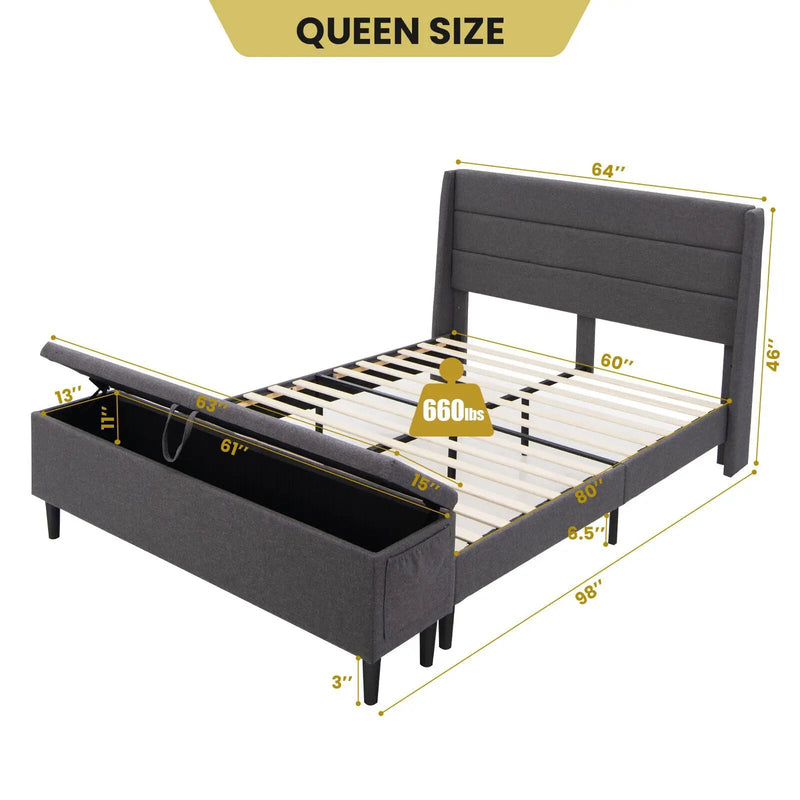 Full/Queen Size Upholstered Platform Bed Frame with Storage Ottoman by DirectDeals