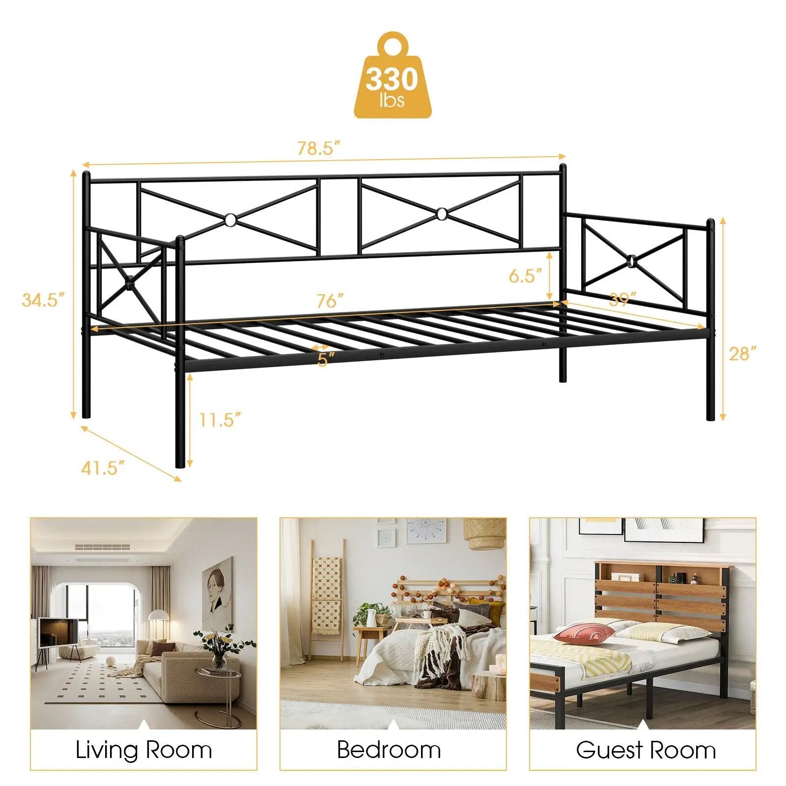 Metal Daybed Twin Bed Frame Stable Steel Slats Sofa Bed by DirectDeals