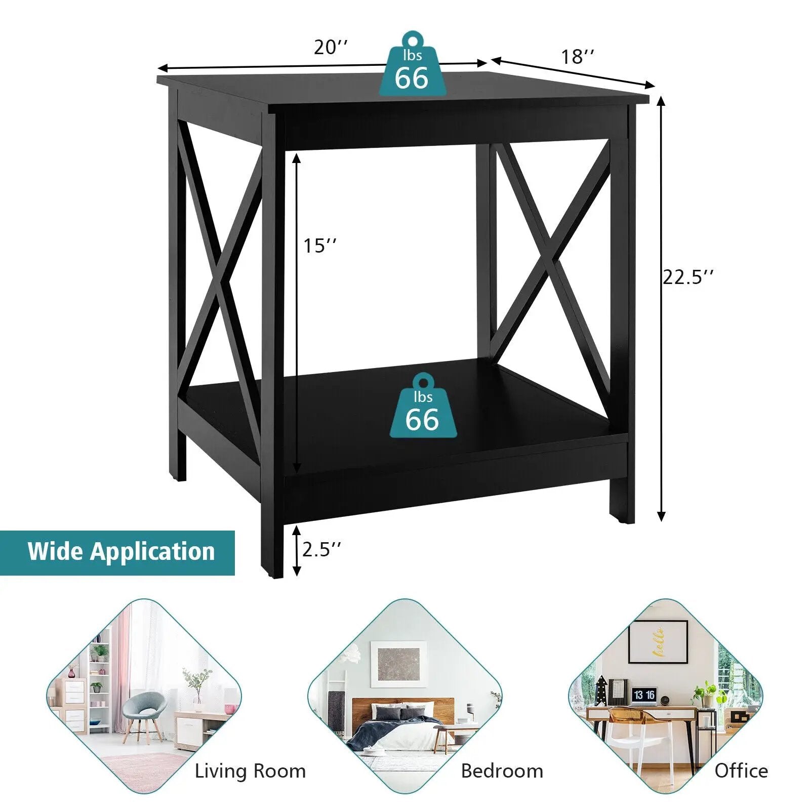 2-Tier Side Table with X-shape Design and 4 Solid Legs by DirectDeals