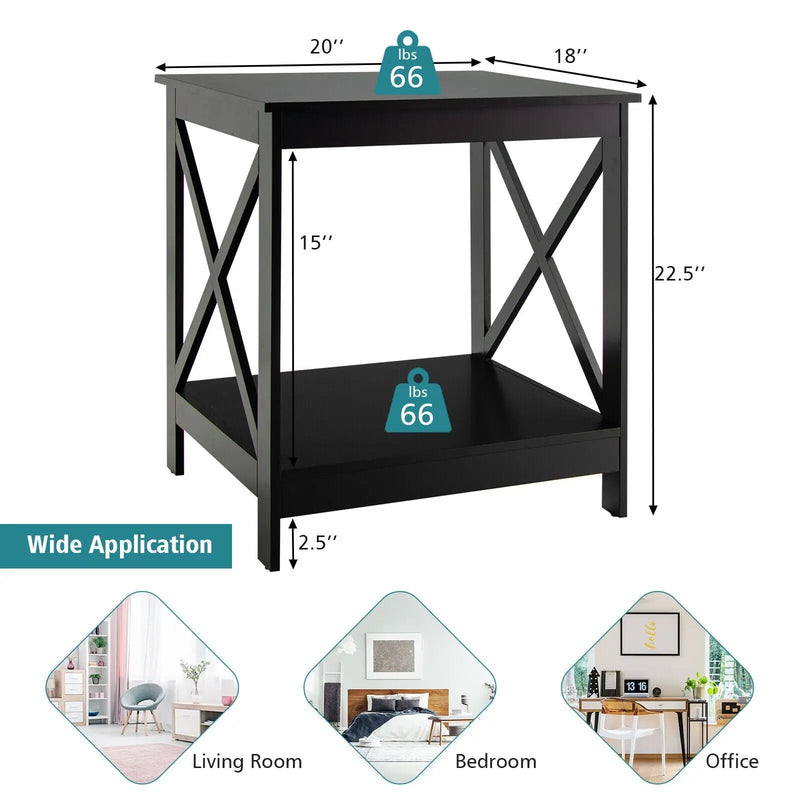 2-Tier Side Table with X-shape Design and 4 Solid Legs by DirectDeals