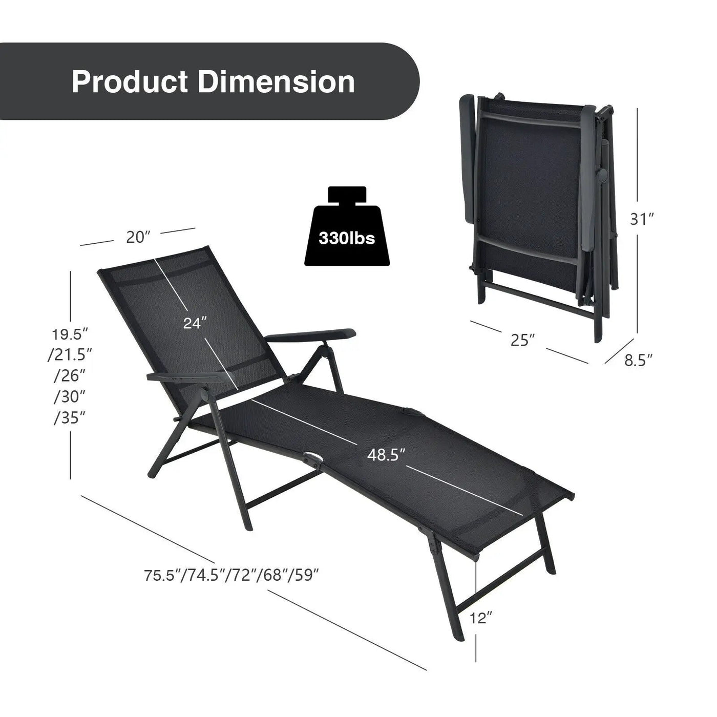 2 Pieces Foldable Chaise Lounge Chair with 2-Position Footrest by DirectDeals