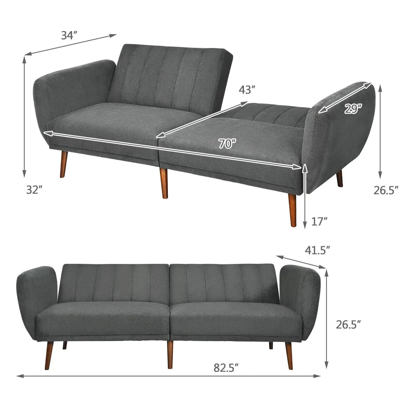 Convertible Futon Sofa Bed Adjustable Couch Sleeper with Wood Legs by DirectDeals