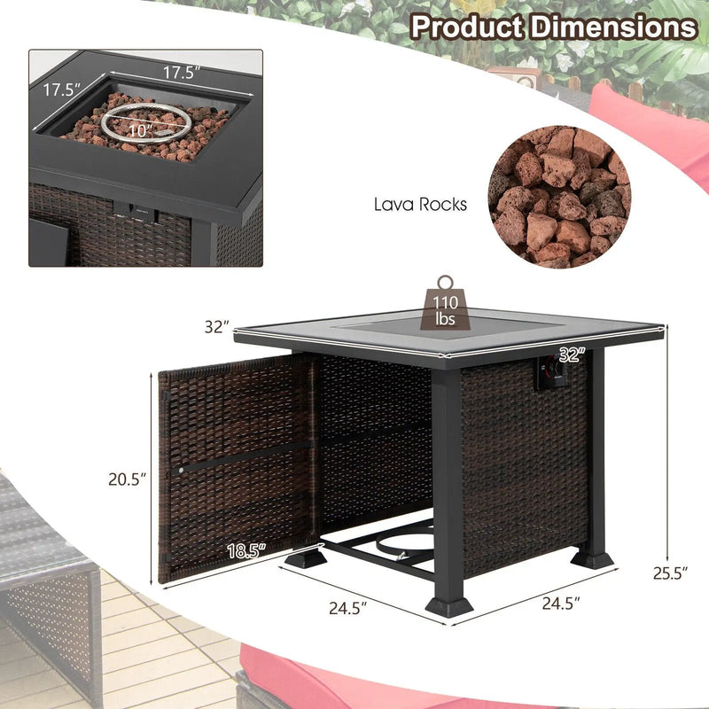 32 Inch Square Propane Fire Pit Table with Lava Rocks Cover by DirectDeals