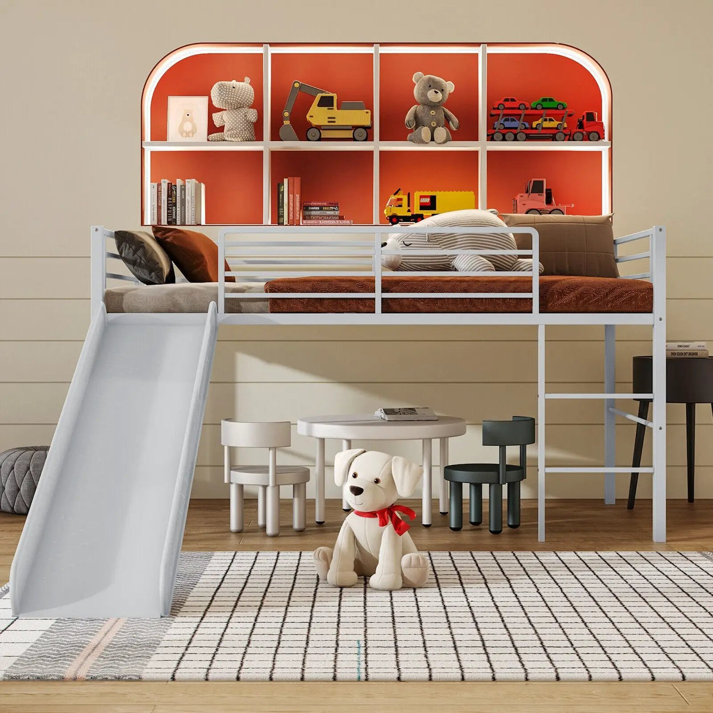 Twin Metal Loft Bed with Slide Safety Guardrails and Built-in Ladder by DirectDeals