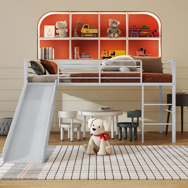 Twin Metal Loft Bed with Slide Safety Guardrails and Built-in Ladder by DirectDeals