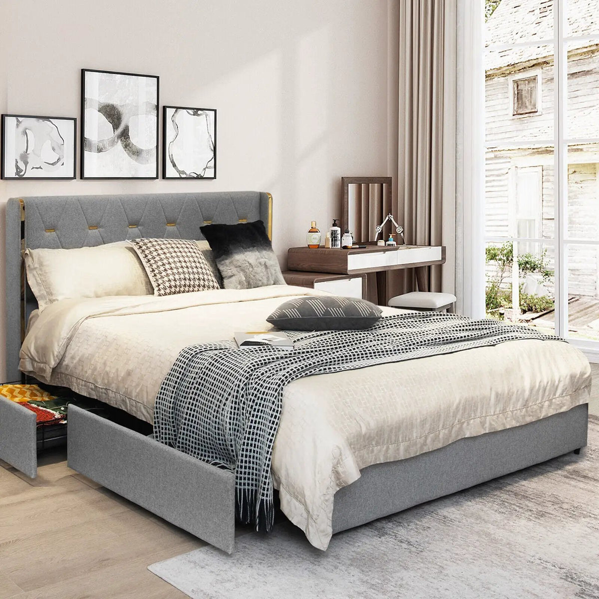 Bed Frame Mattress Foundation with 4 Storage Drawers by DirectDeals