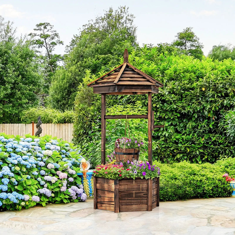 Rustic Wooden Wishing Well with Adjustable Hanging Bucket-Brown by DirectDeals