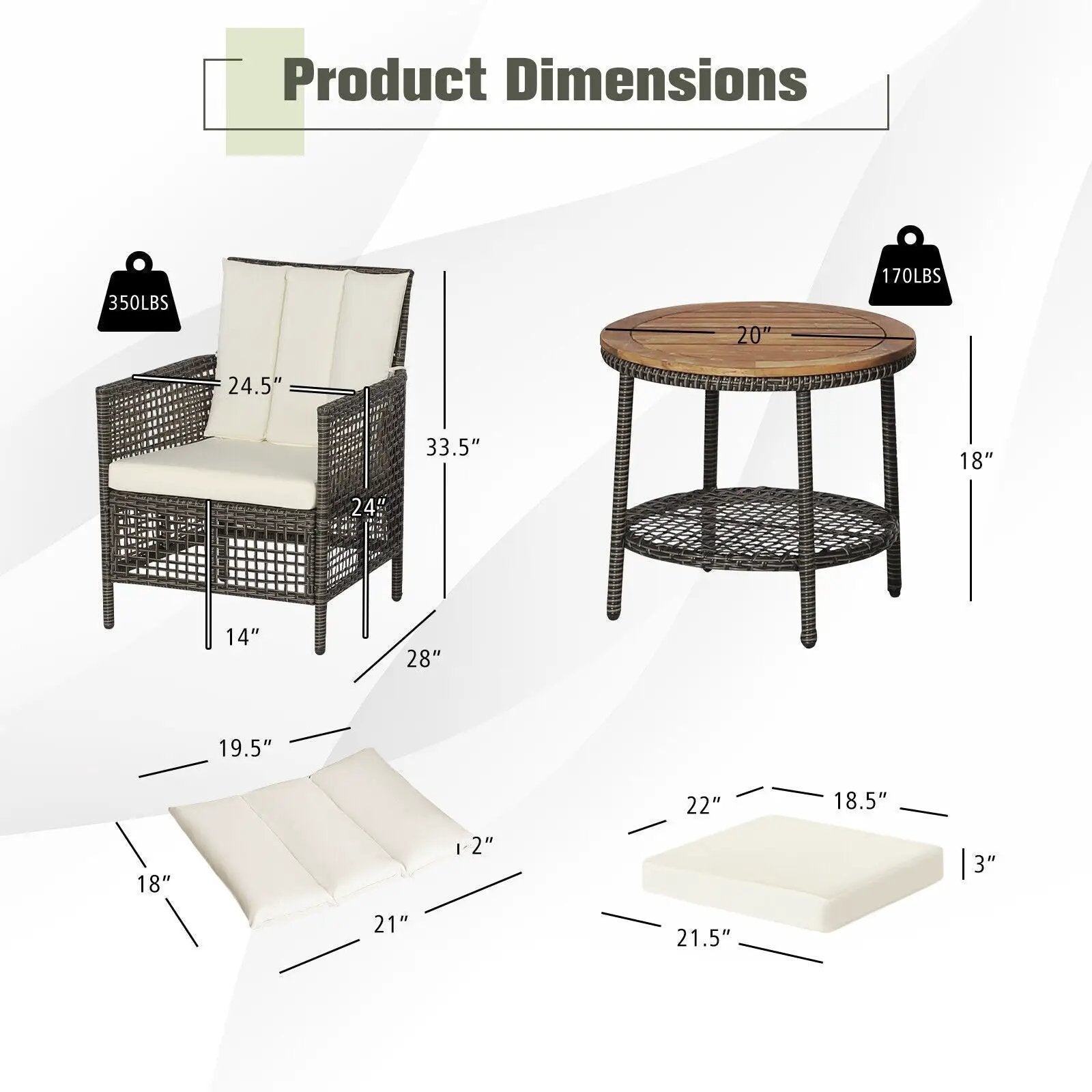 3 Pieces Patio Rattan Furniture Set with Cushioned Sofas and Wood Table Top-White by DirectDeals
