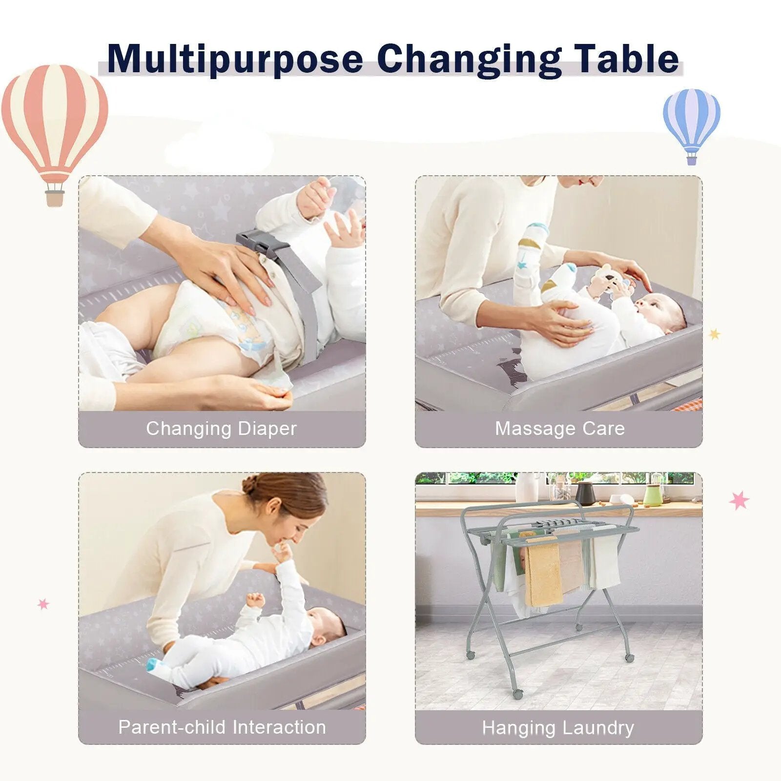 Baby Changing Table with Safety Belt and 4-side Defence-Gray by DirectDeals