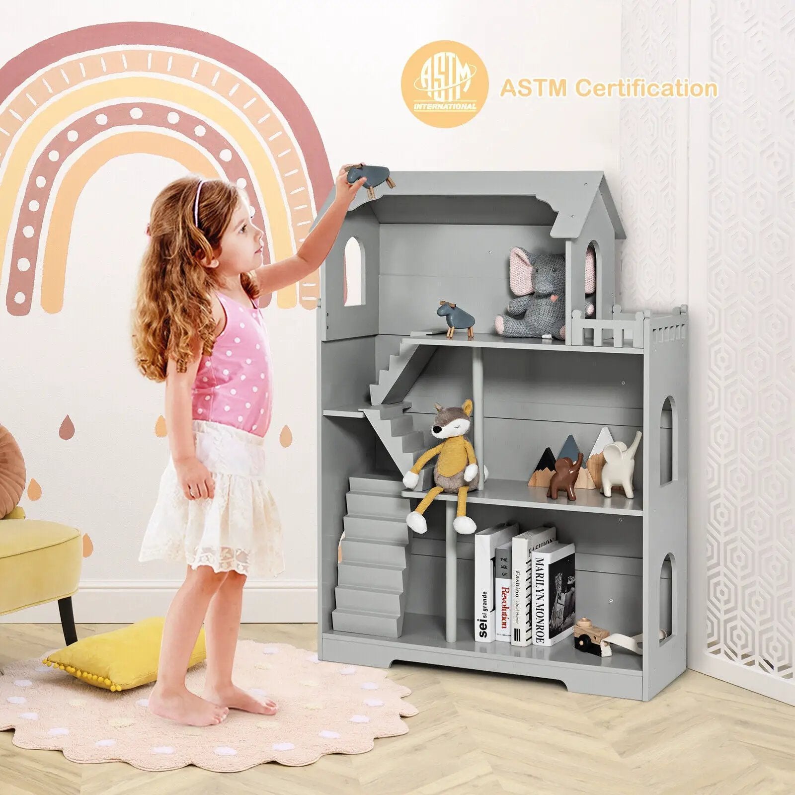 Kids Wooden Dollhouse Bookshelf with Anti-Tip Design and Storage Space by DirectDeals