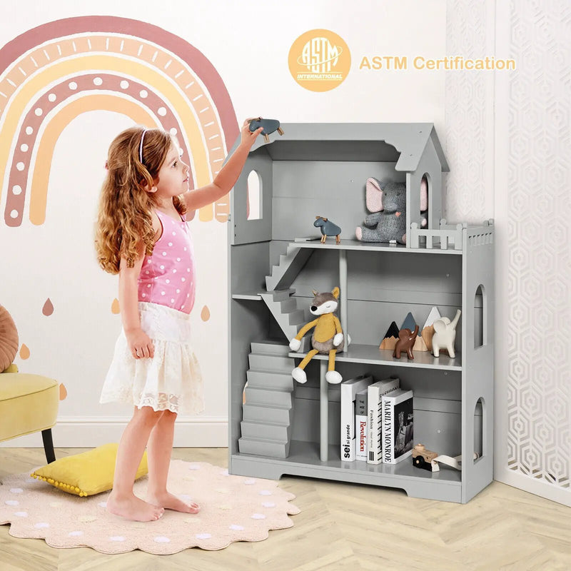 Kids Wooden Dollhouse Bookshelf with Anti-Tip Design and Storage Space by DirectDeals