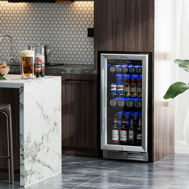 15 Inch 100 Can Built-in Freestanding Beverage Cooler Refrigerator with Adjustable Temperature and Shelf-Silver by DirectDeals