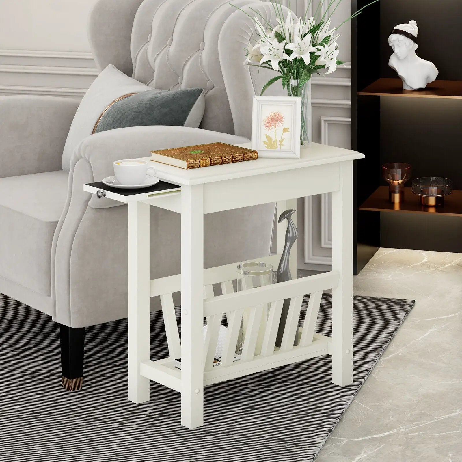 2-Tier End Table with Pull-out Tray and Solid Rubber Wood Legs by DirectDeals