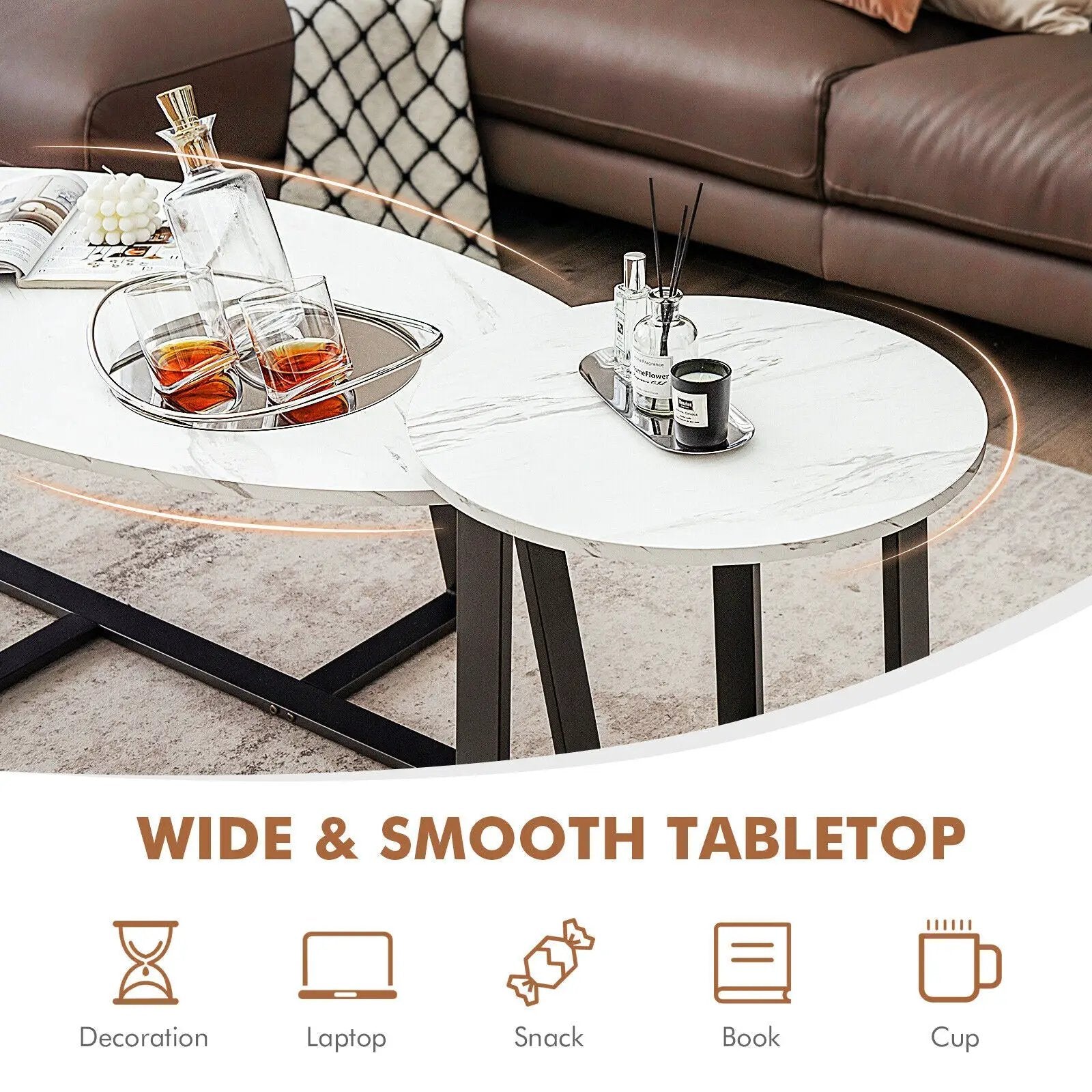 Set of 2 Modern Faux Marble Nesting Coffee Table Set with Oval and Round Table-White by DirectDeals