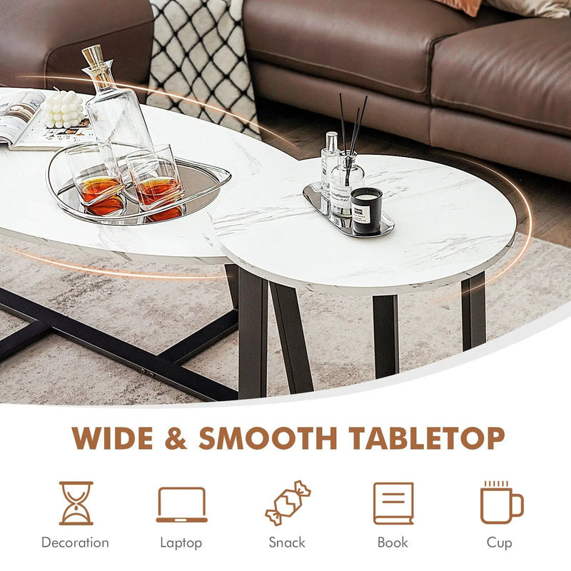 Set of 2 Modern Faux Marble Nesting Coffee Table Set with Oval and Round Table-White by DirectDeals