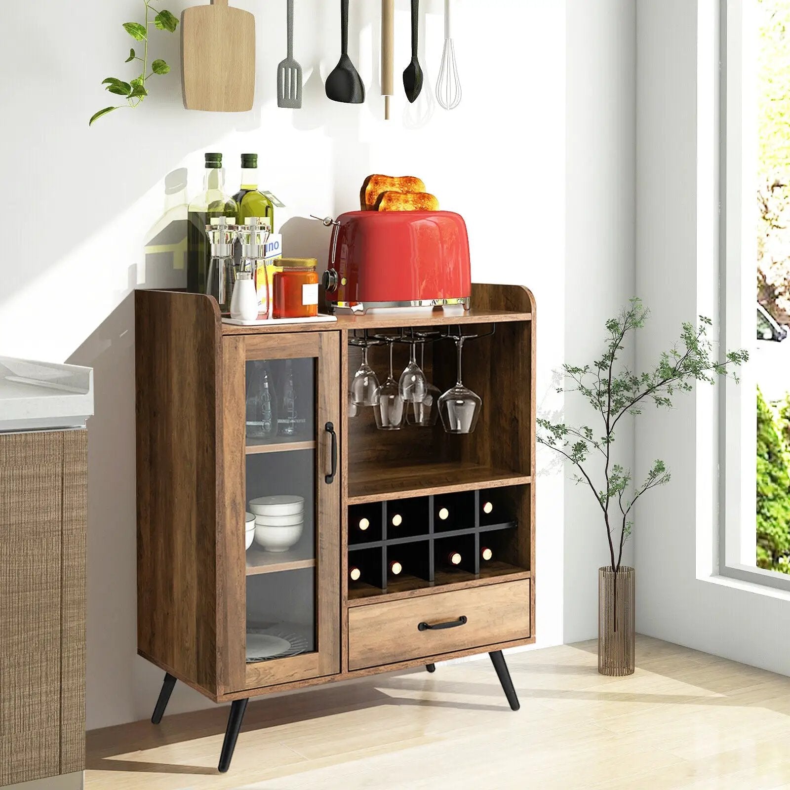 Buffet Sideboard with Removable Wine Rack and Glass Holder-Rustic Brown by DirectDeals