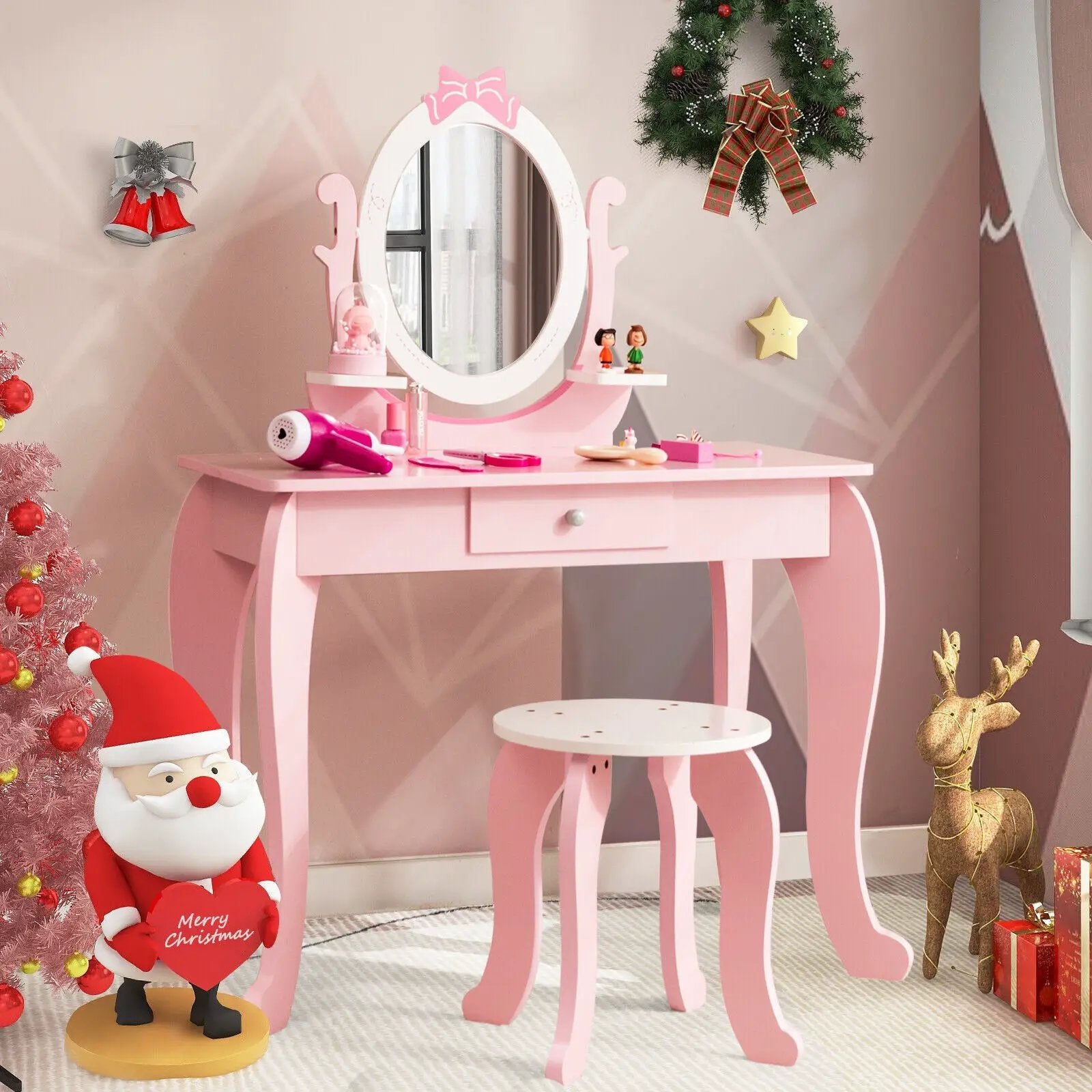 Kid Vanity Table Stool Set with Oval Rotatable Mirror-Pink by DirectDeals