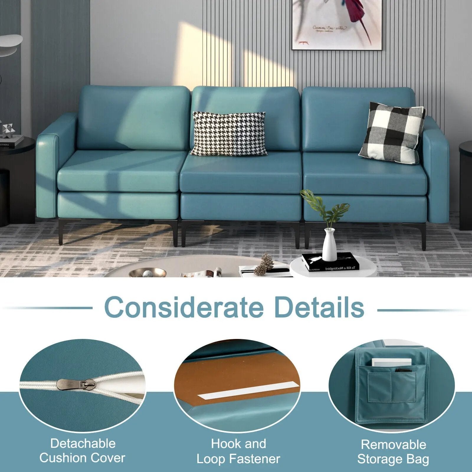 3-Seat Sectional Sofa Couch with Armrest Magazine Pocket and Metal Leg by DirectDeals