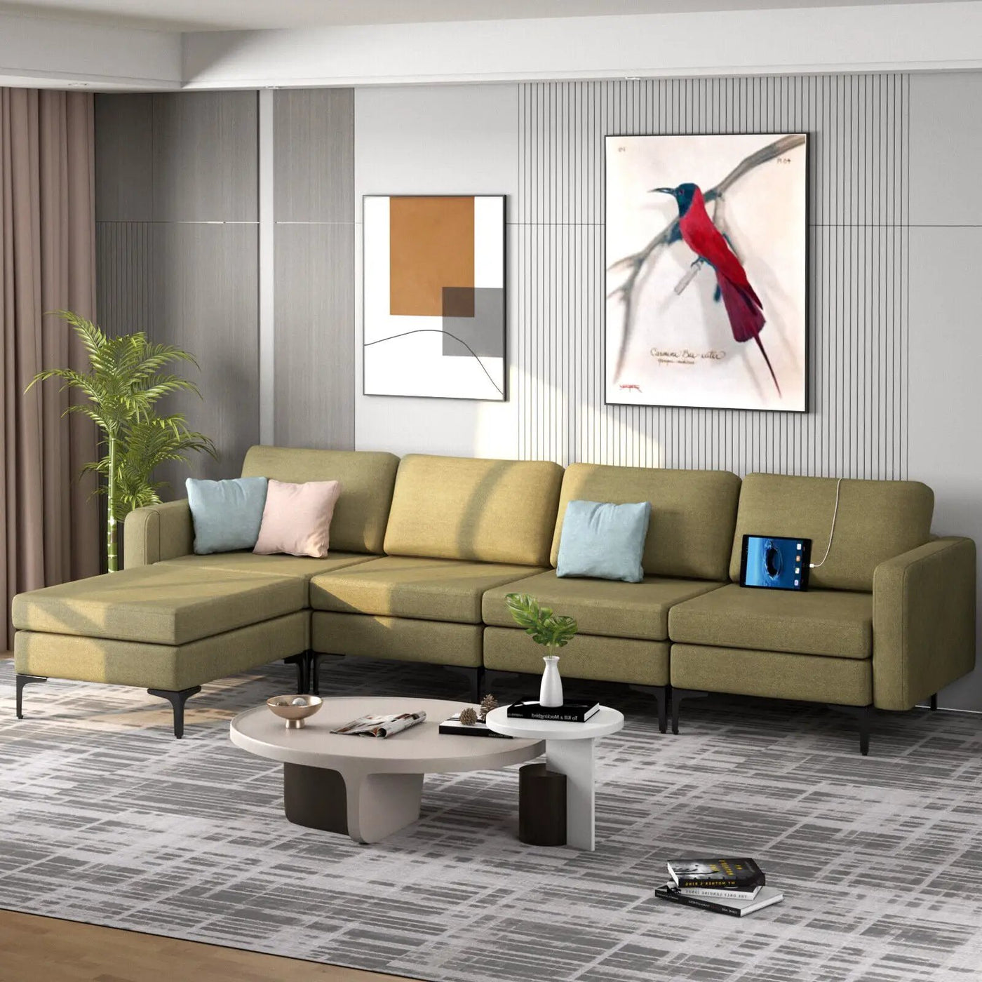 Modular L-shaped Sectional Sofa with Reversible Ottoman and 2 USB Ports by DirectDeals