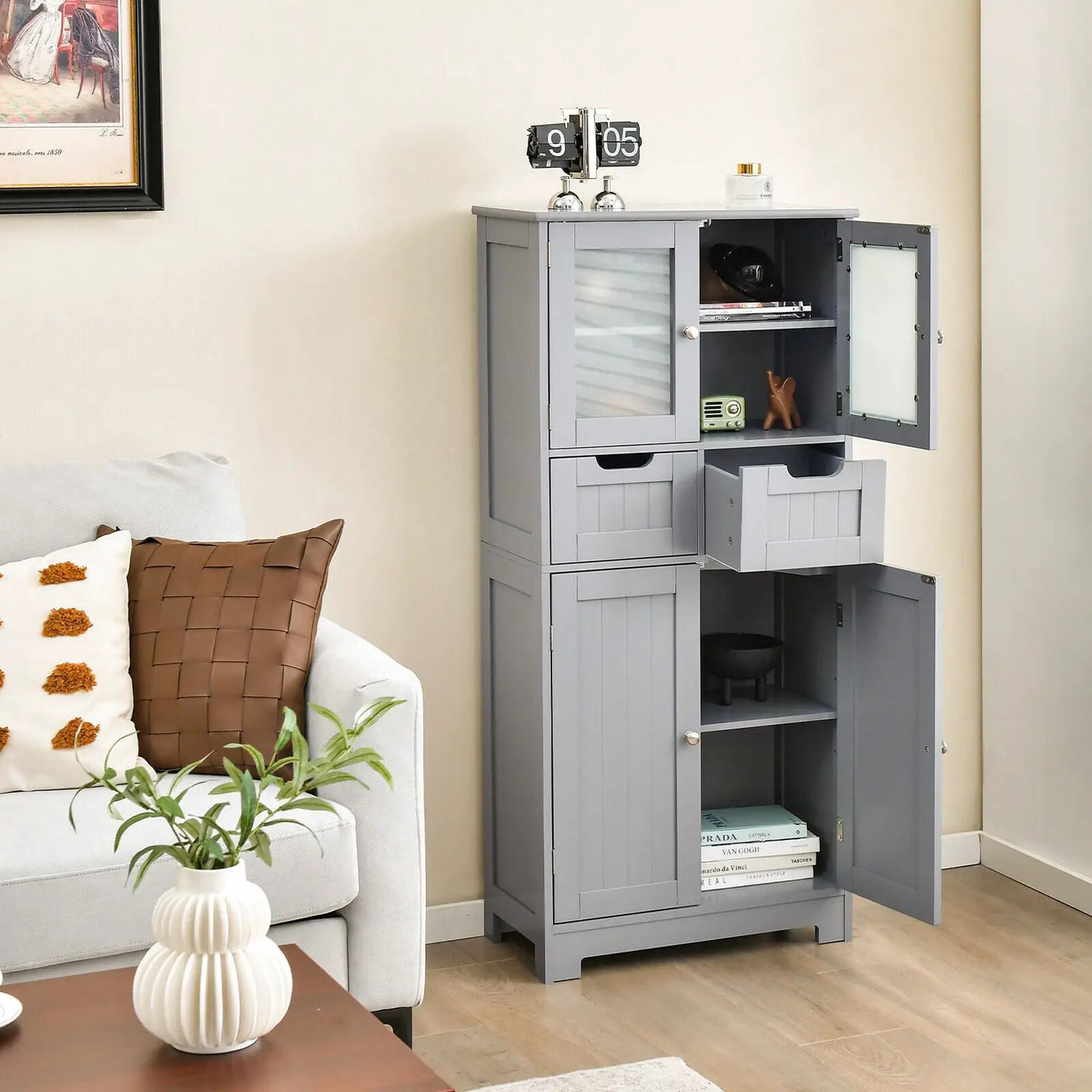 3 Tier Freee-Standing Bathroom Cabinet with 2 Drawers and Glass Doors by DirectDeals